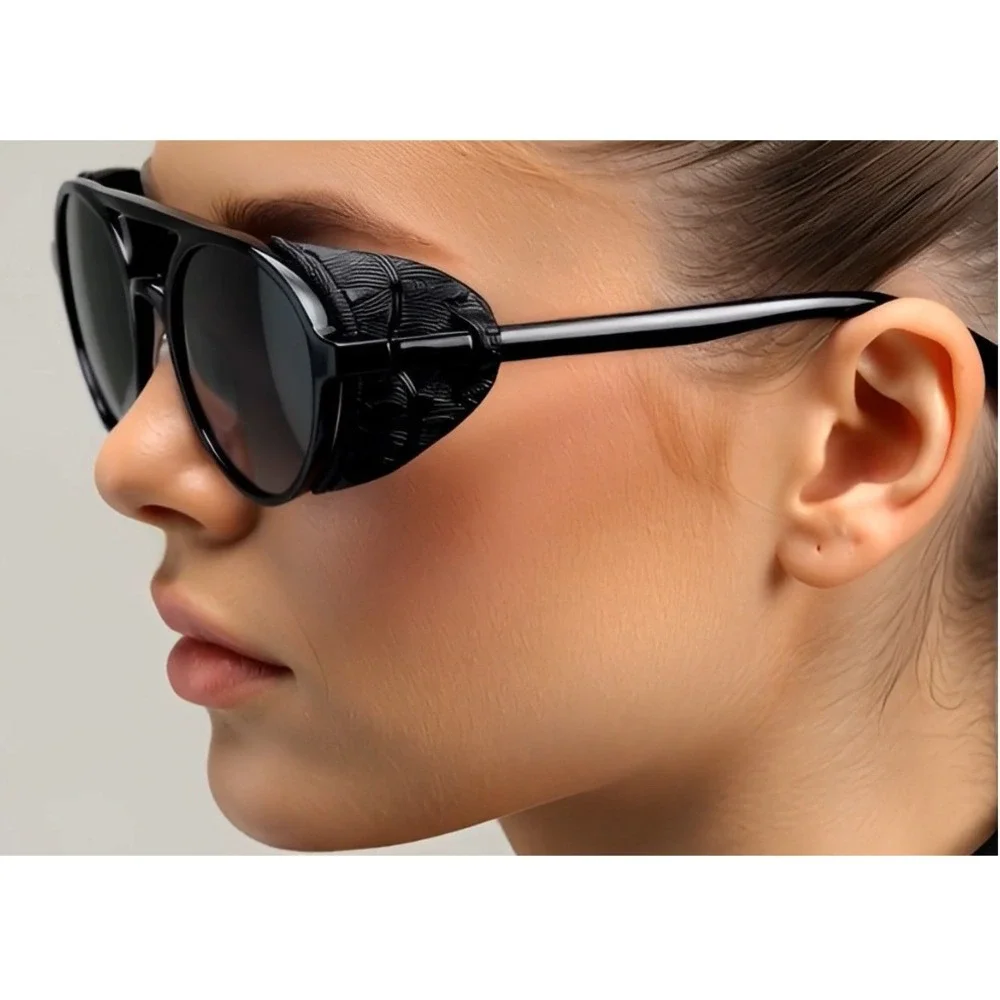 Aviator Sunglasses‎ Steampunk Style Side Shield Black Lens Fashion Shades Retro